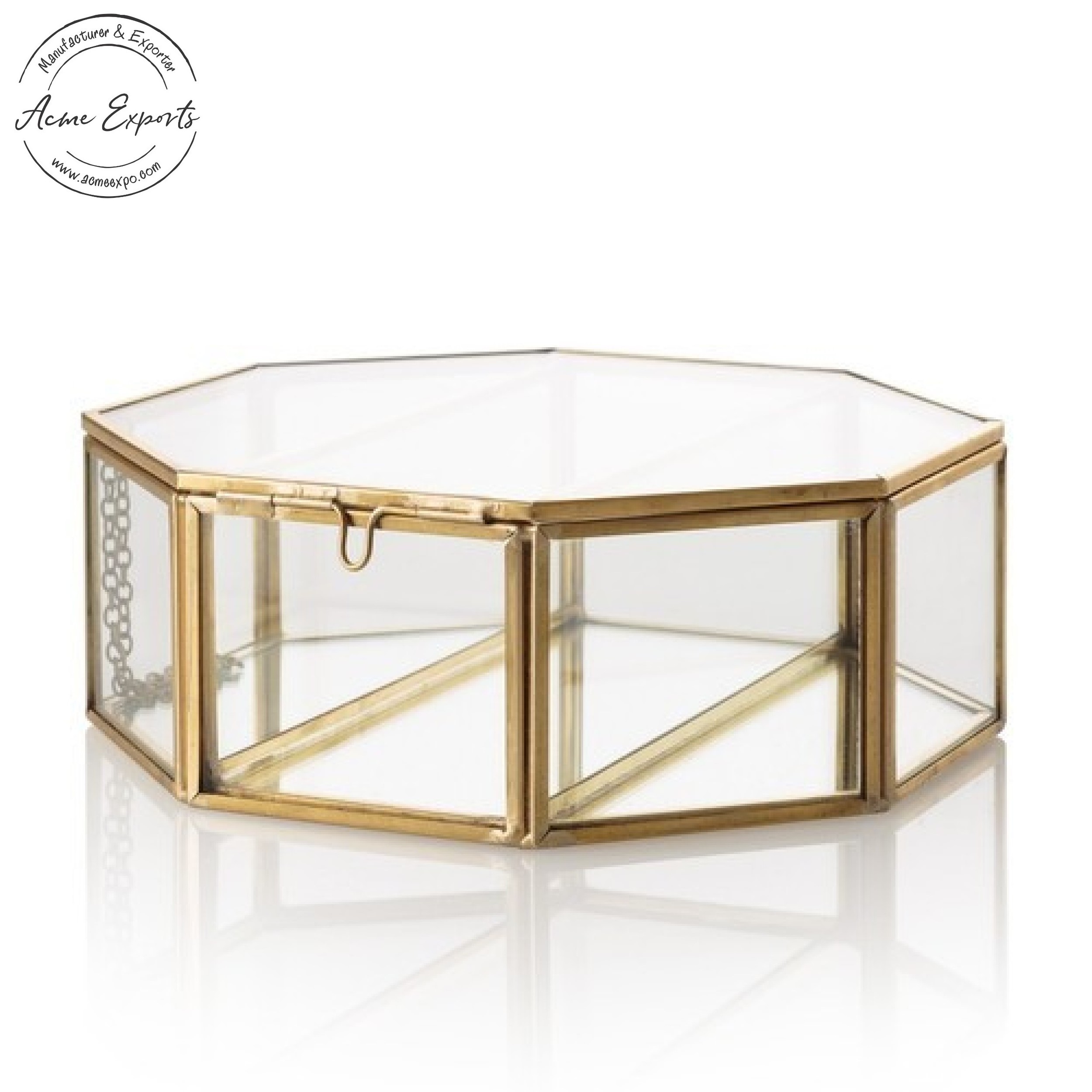 Indian Wholesale Large Polygon Clear Glass Jewelry Box with Gold Finished Metal Frame for Organizer Box Glass Keepsake Gift Box