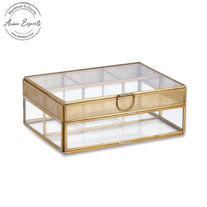 Indian Wholesale Large Rectangular 4 Compartments Clear Glass Jewelry Box with Antique Gold Metal Frame for Table Top Display