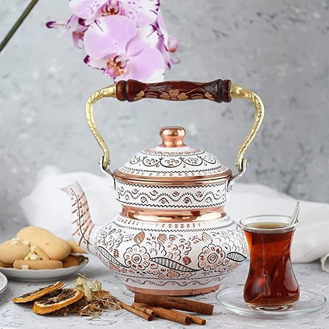 Enameled Design Copper Polished Coffee Kettle Top Selling Tea Pot With Wooden Handle Designer Copper Kitchenware Kettle