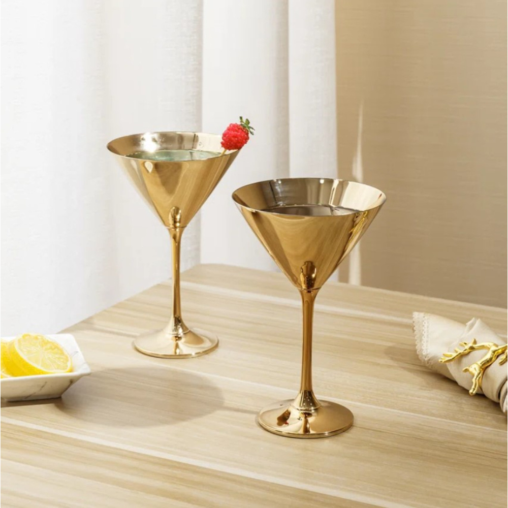 Top Seller Wine Goblet Mirror Polished Martini Glass Set Of 2 Stainless Steel Barware Goblet Glass Silver Color Metal Goblet