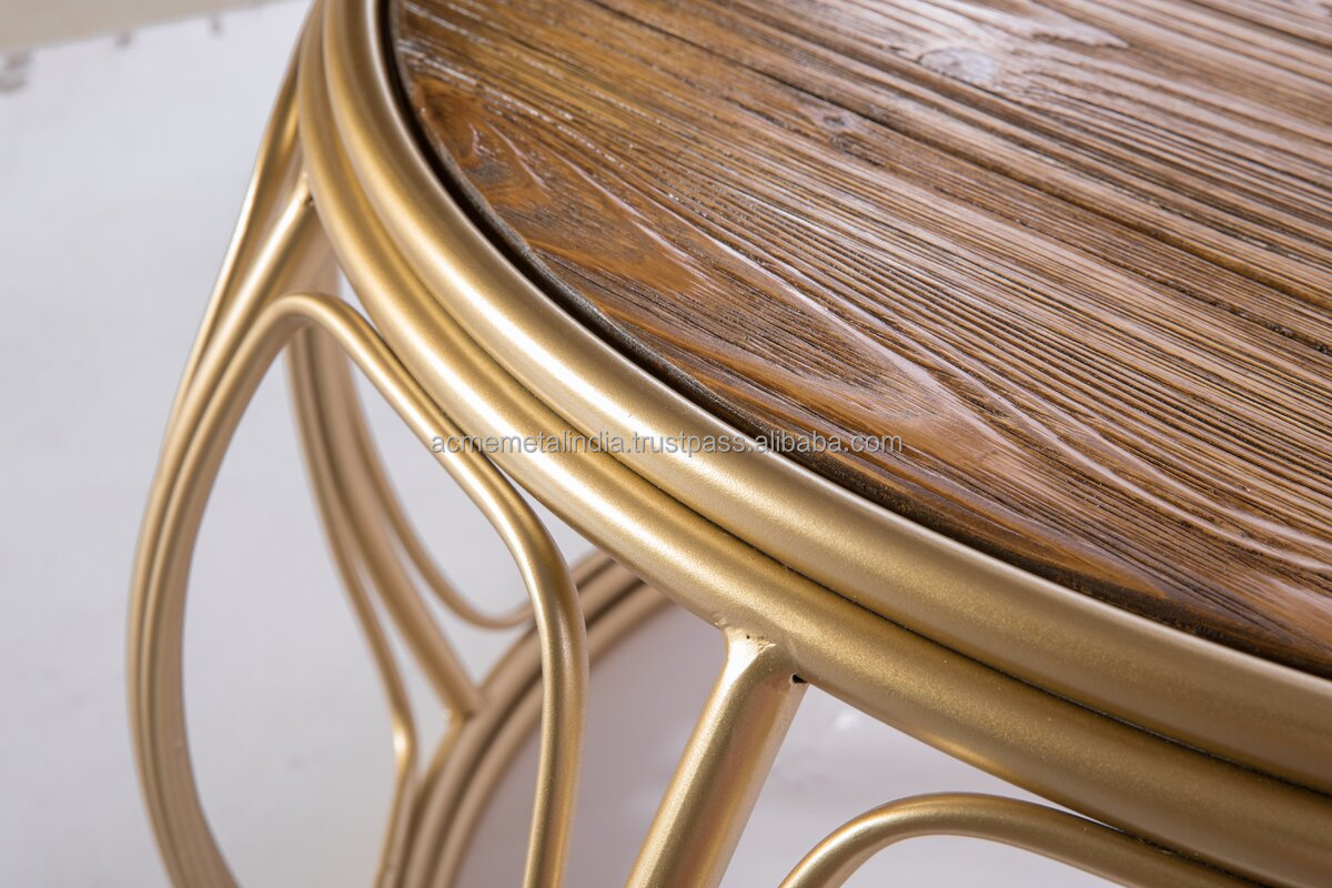 Nesting Table Coffee Table With Wood Top Round Shape Table With Gold Plated For Home Decor Metal Furniture