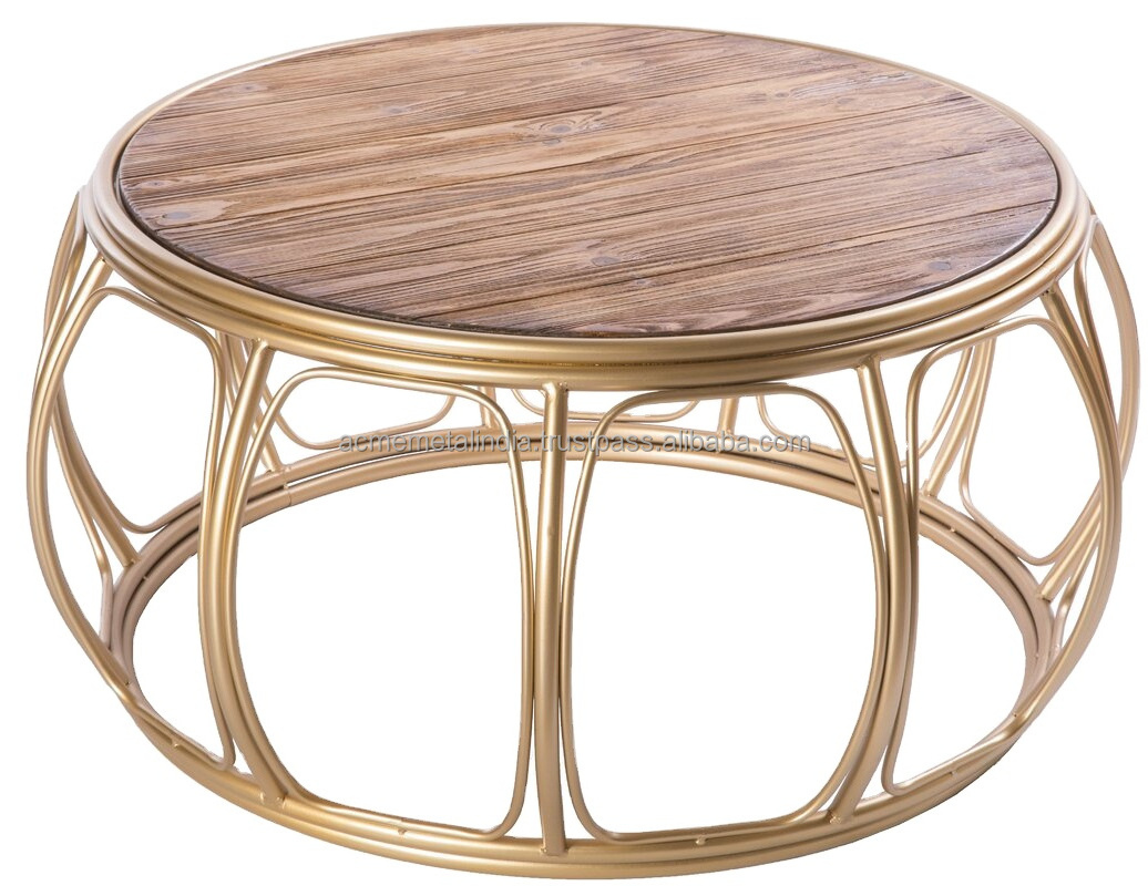 Nesting Table Coffee Table With Wood Top Round Shape Table With Gold Plated For Home Decor Metal Furniture