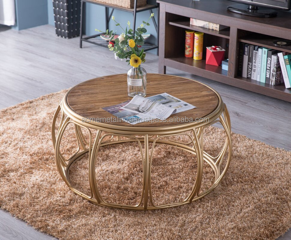 Nesting Table Coffee Table With Wood Top Round Shape Table With Gold Plated For Home Decor Metal Furniture