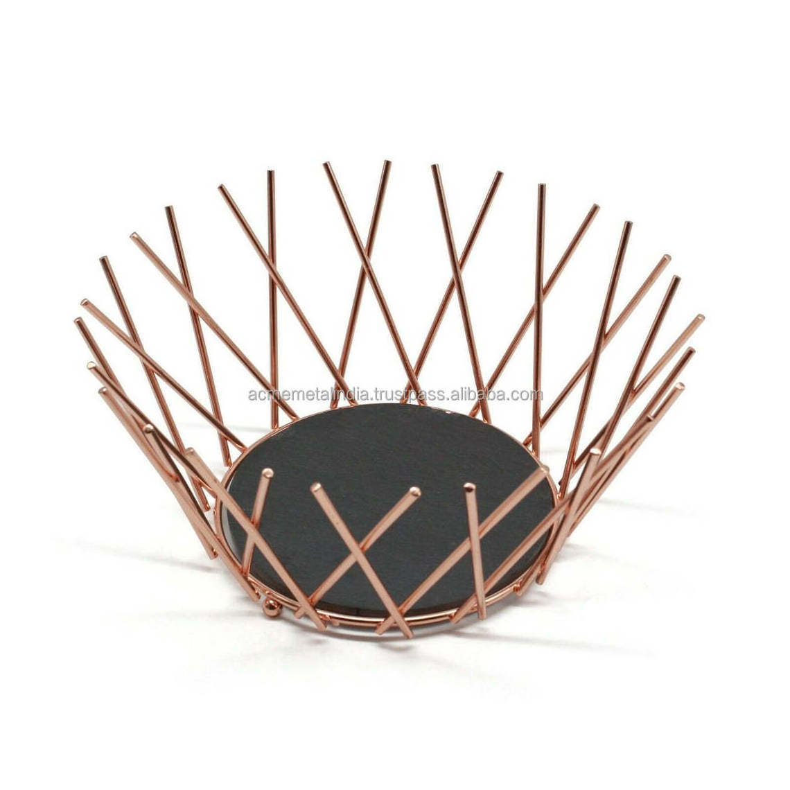 Copper Metal Wire Slate Base Decorative Fruit Storage Display Basket Fruits Bowl Tabletop Centerpiece Kitchenware Baskets