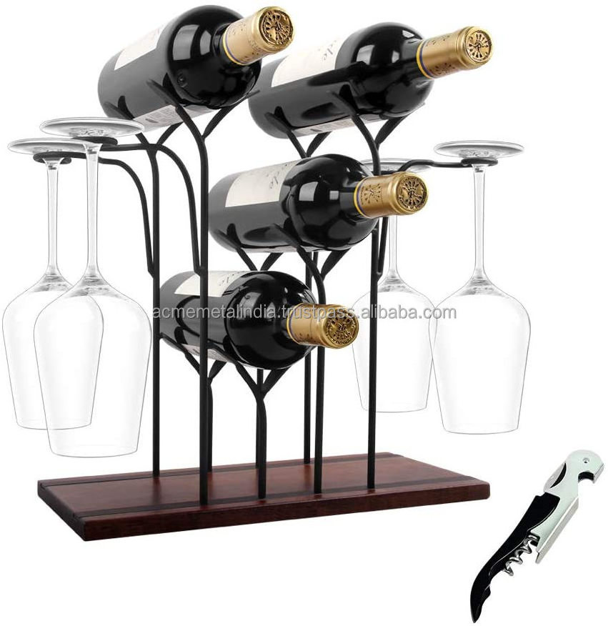 Tabletop Wooden Wine Holder Countertop Wine Rack Holder 4 Bear Bottles And 4 Glass Good For Home Decors And Kitchen Storage Rack