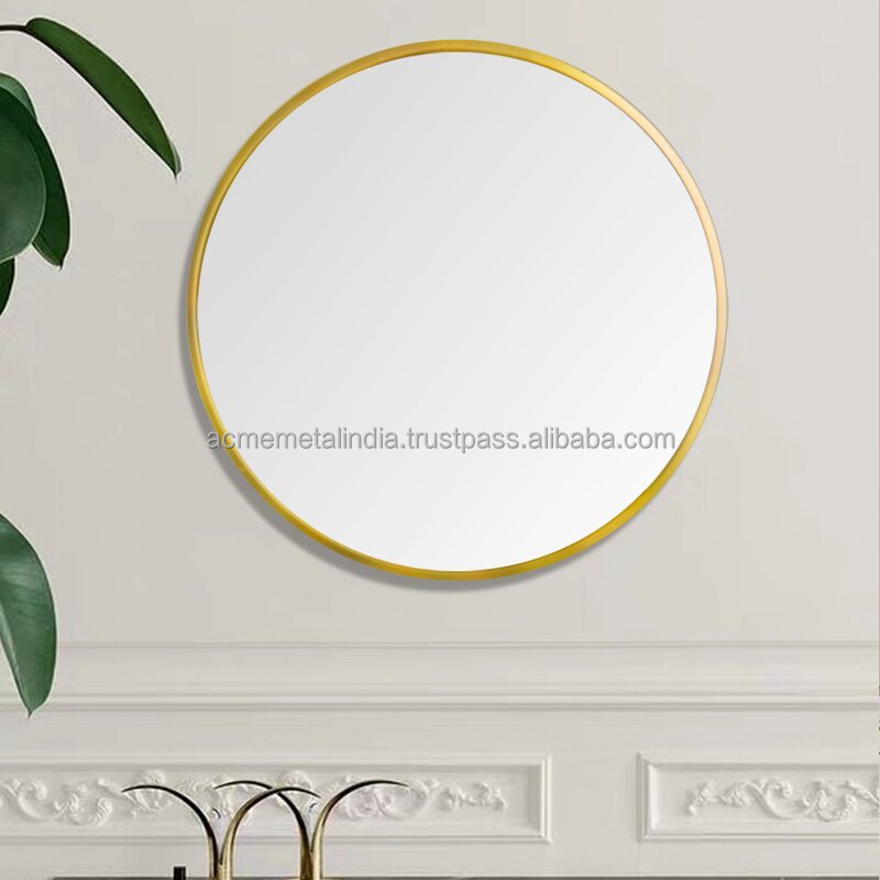 Round Shape Gold Plated Metal Bathroom Wall Decors Wall Mounted Shaving Trimming Mirror Living Room Ready Makeup Mirror