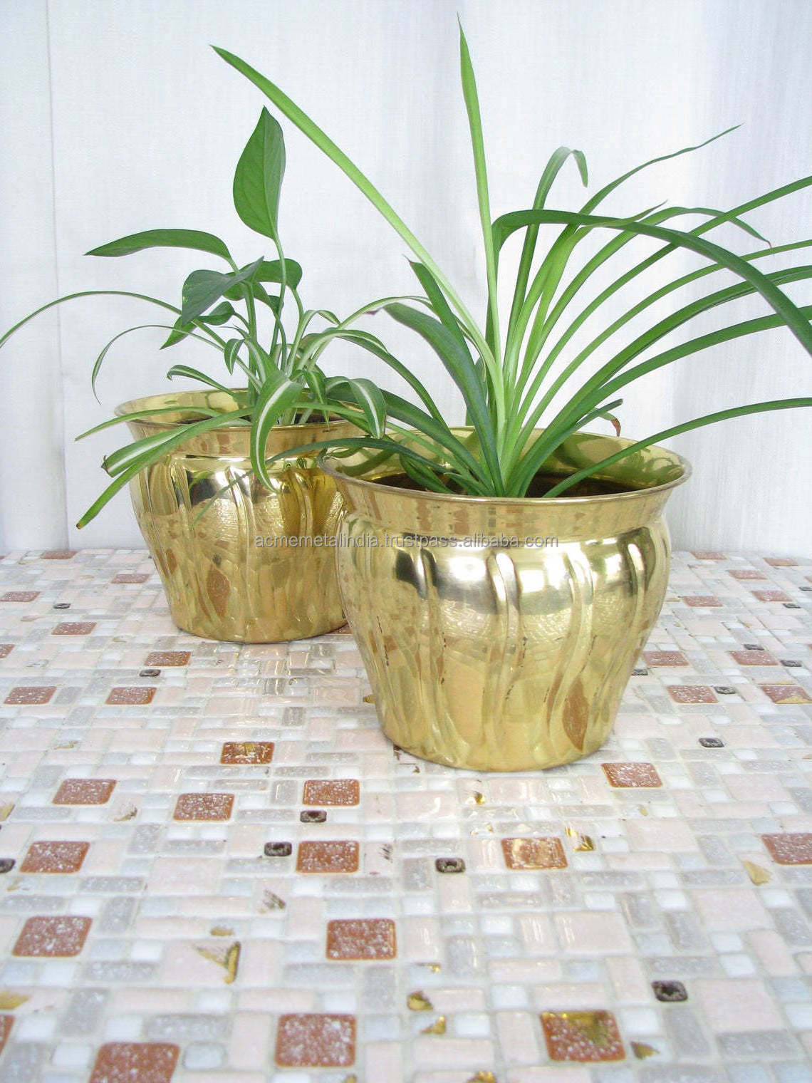 Highest Quality Gold Polished Metal Indoor Planters Set Of 2 Different Sizes Solid Brass Round Shape Metal Planters