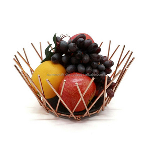 Copper Metal Wire Slate Base Decorative Fruit Storage Display Basket Fruits Bowl Tabletop Centerpiece Kitchenware Baskets