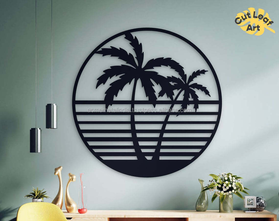 New Modern Decorative Round Shape Frame With Palm Tree Design iron Wall Hanging Decors Accessory Exotic Home Decors Wall Art