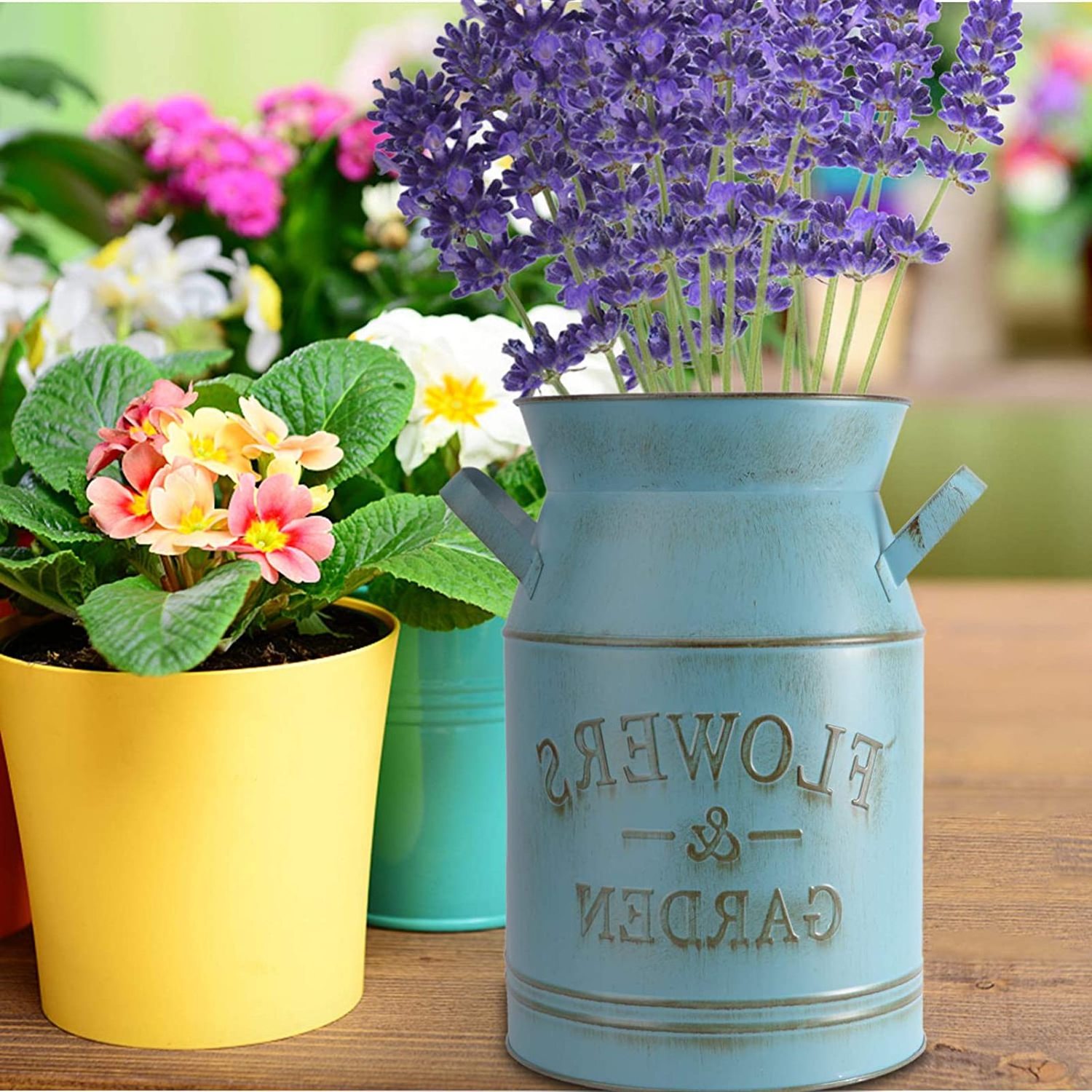 Pale Blue Vintage Galvanized  Flower Pot/Vase Galvanized Milk Can Flower Pot With Handles Vintage Indoor Usage