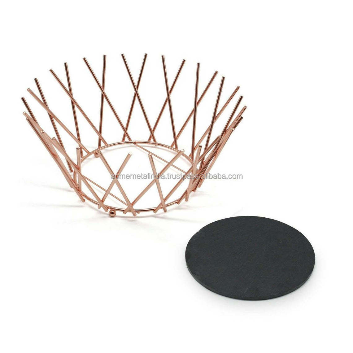 Copper Metal Wire Slate Base Decorative Fruit Storage Display Basket Fruits Bowl Tabletop Centerpiece Kitchenware Baskets