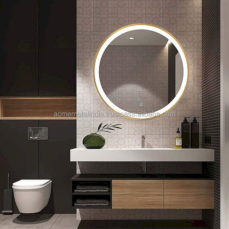 Round Shape Gold Plated Metal Bathroom Wall Decors Wall Mounted Shaving Trimming Mirror Living Room Ready Makeup Mirror