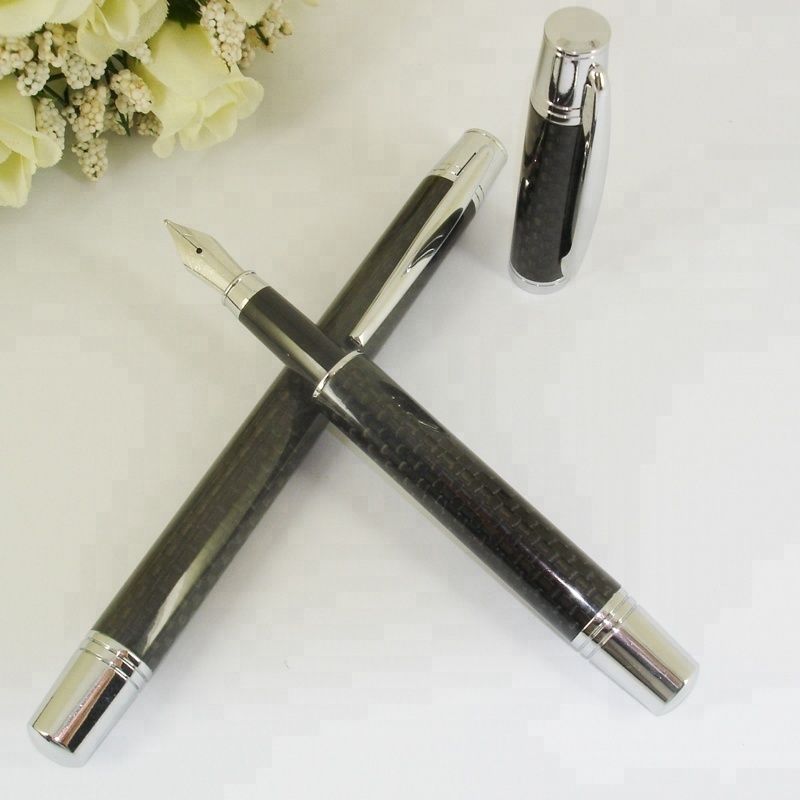 ACMECN Luxury Full Carbon Fiber Fountain Pen with Silver Trim Liquid ink Pens with Pump Cartridge School Calligraphy Pen