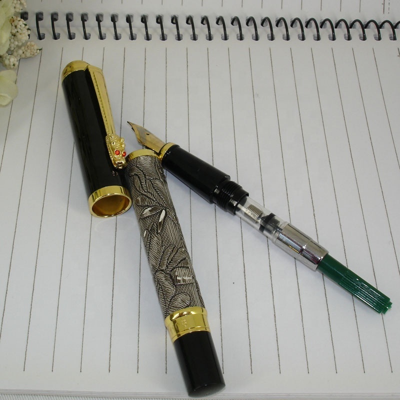 Luxury Writing ink Pen Unique Design Emboss PU leather ink Pen Office & School Supplier Creative Stationery Fountain Pen for Men