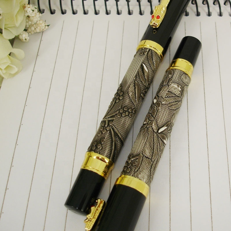 Luxury Writing ink Pen Unique Design Emboss PU leather ink Pen Office & School Supplier Creative Stationery Fountain Pen for Men