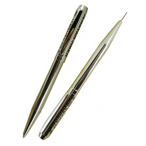 ACMECN Unisex Brass Silver Pen & Pencil Set 0.9mm Lead Automatic Pencil with Eraser Etching Twist Ball Pen & Mechanical Pencils