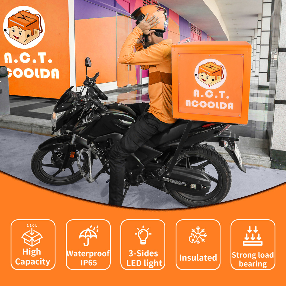 FRP High Quality Heavy Duty Keep Hot and Cold Motorcycle Delivery Food Box With Advertising Led