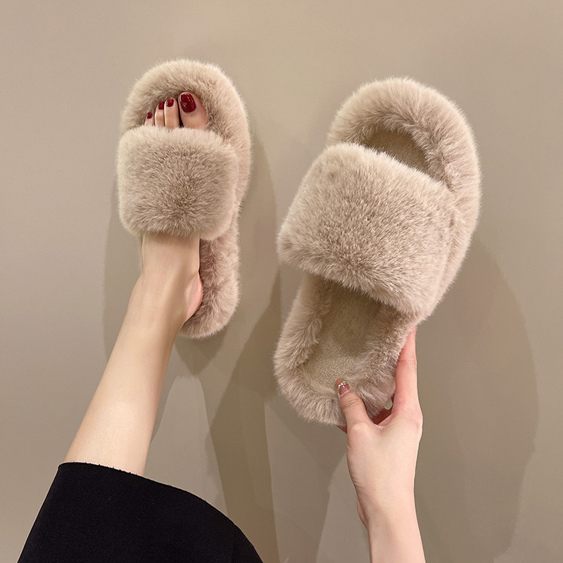 Soft Warm Plush Furry Open Toe Fur Slides Fuzzy Fluffy House Indoor Fashion Fur Slippers For Women