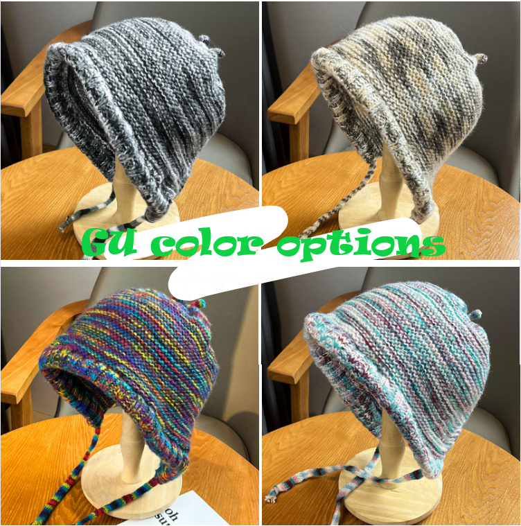 Fashion Custom Laplander Beanie Hand Knit Sherpa Wool Unisex Hat with Strip Pattern Ear Flaps Toque Beanie