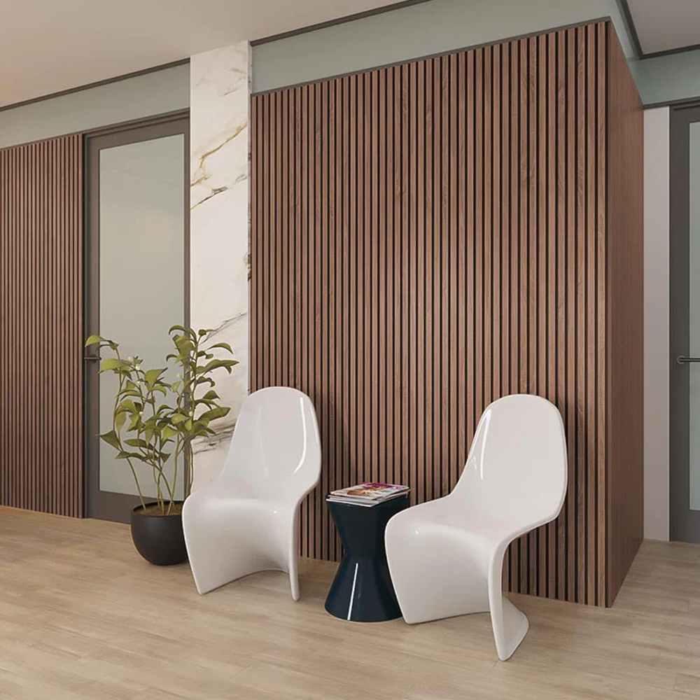 Soundproof Wooden Veneer MDF Wood Fiber Acoustic Panel slatted wall panels akustik panel PET Backing For Walling