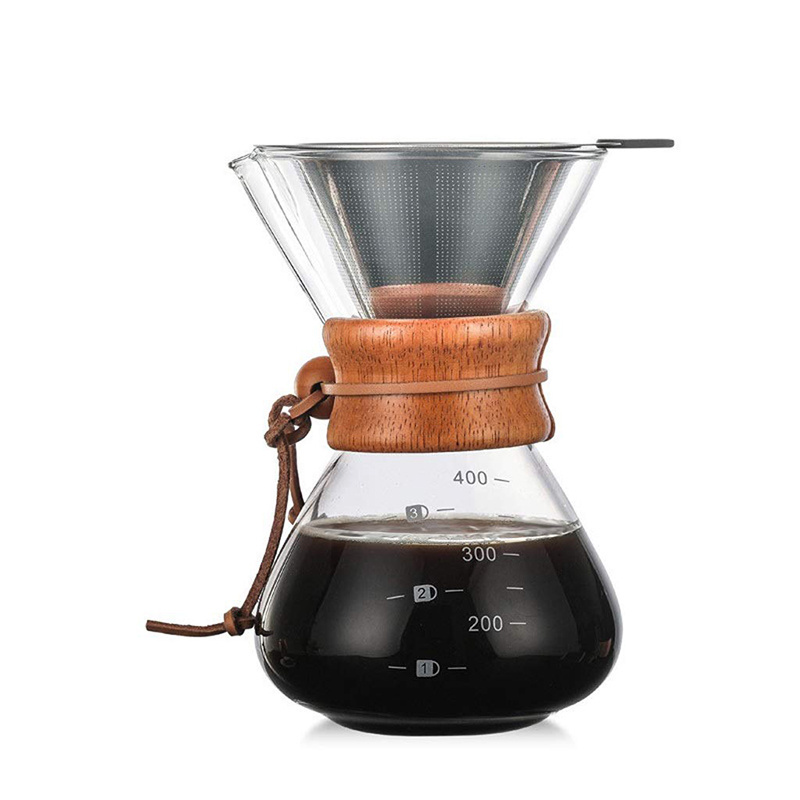 Unique Design Classic Borosilicate Glass Coffee Pot Pour Over Glass Coffee Maker with Wooden Collar and Metal Filter