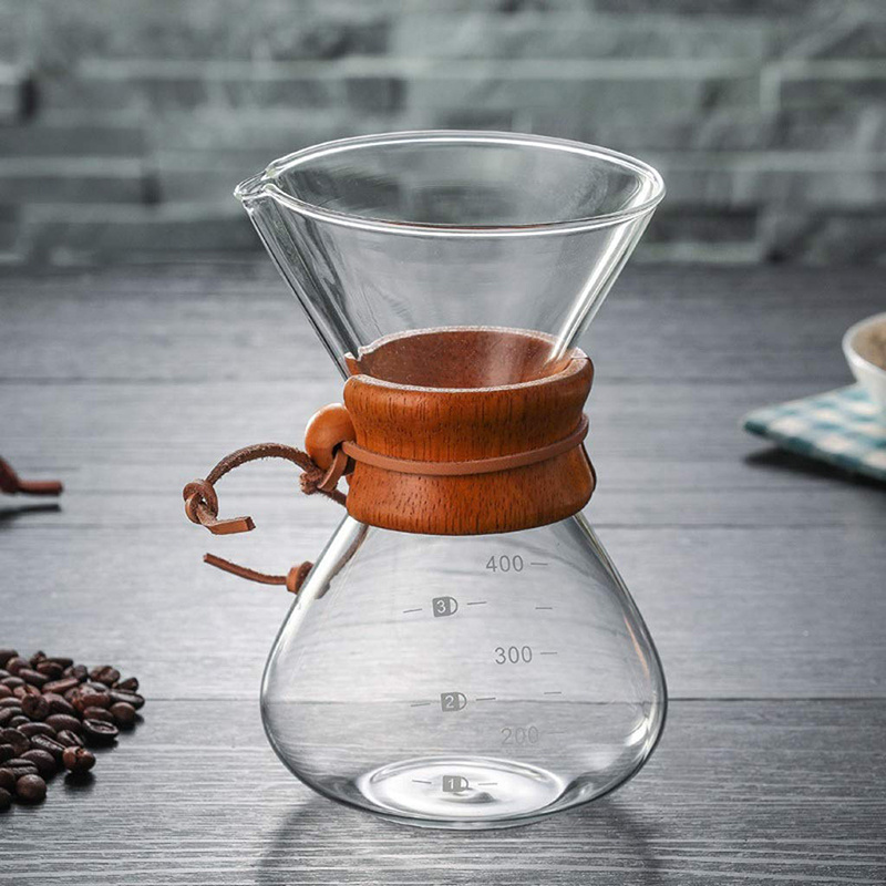 Reihey Coffee Drip Set Coffee Share Pot with Metal filter Manual Pour Over Kettle with Real Wood Sleeve Glass Hand Drip Coffee Maker