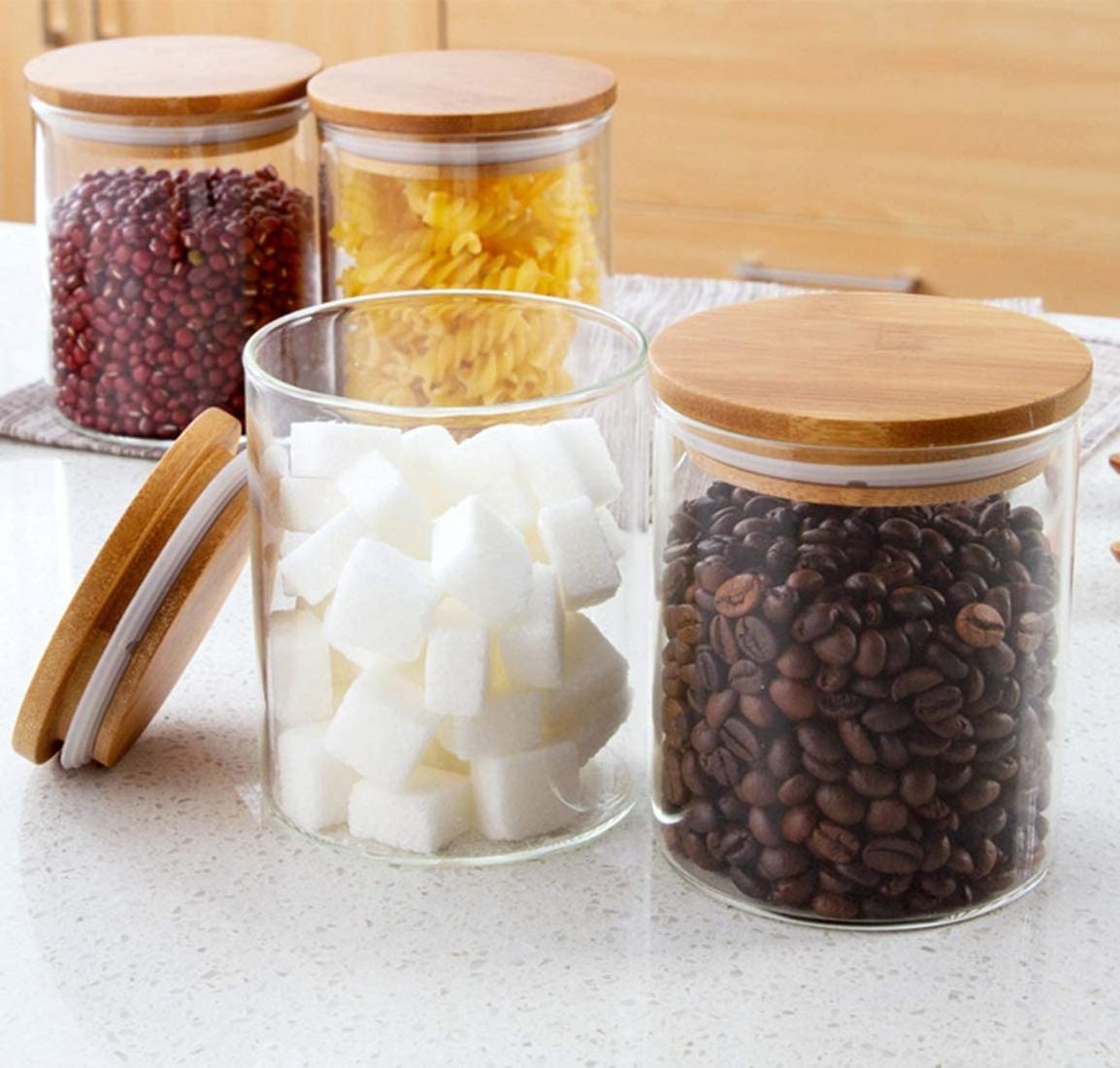 Kitchen Eco-Friendly Glass Storage Jars with Bamboo Lid Small Airtight Food Canisters for Flour Sugar Coffee Other Foods