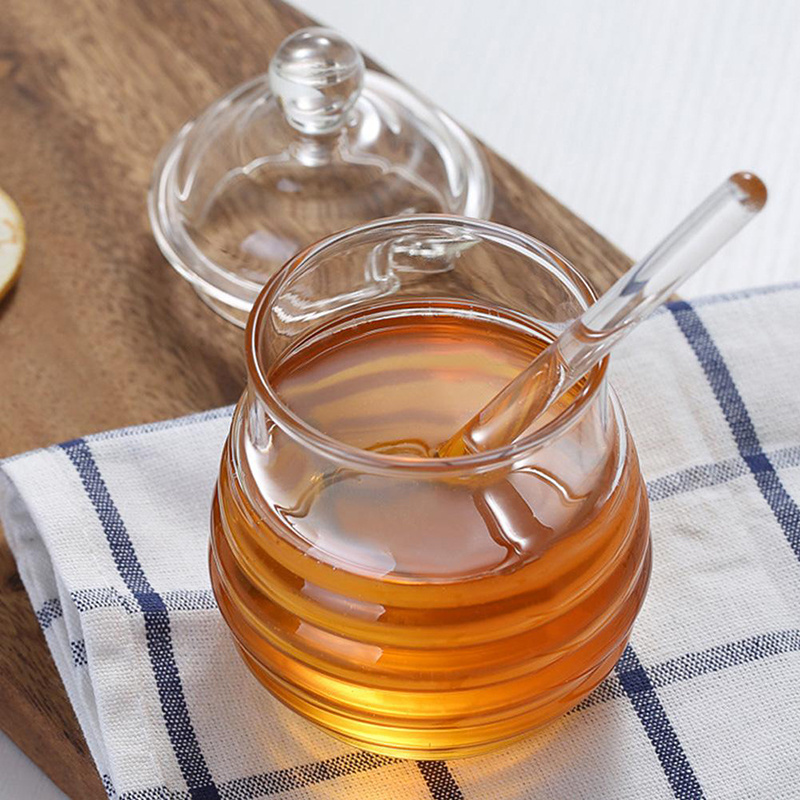 Glass Clear Honey Jar with Dipper and Glass Lid Beehive Honey Pot for Store Honey and Jamhoney Pot and Dipper Set