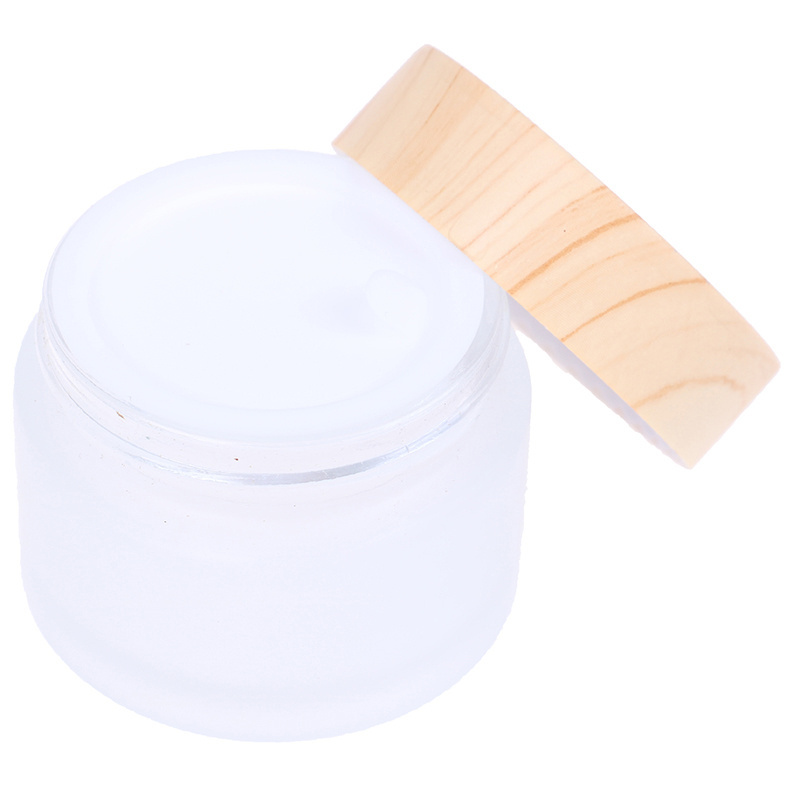 Reihey Portable Empty Glass Cosmetic Cream Jar Pot Refillable Travel Makeup Container with Inner Lid and Wooden Lid