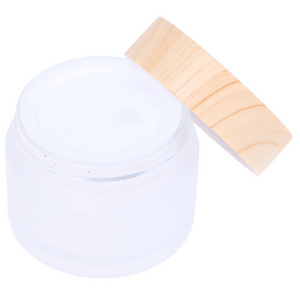 Reihey Portable Empty Glass Cosmetic Cream Jar Pot Refillable Travel Makeup Container with Inner Lid and Wooden Lid