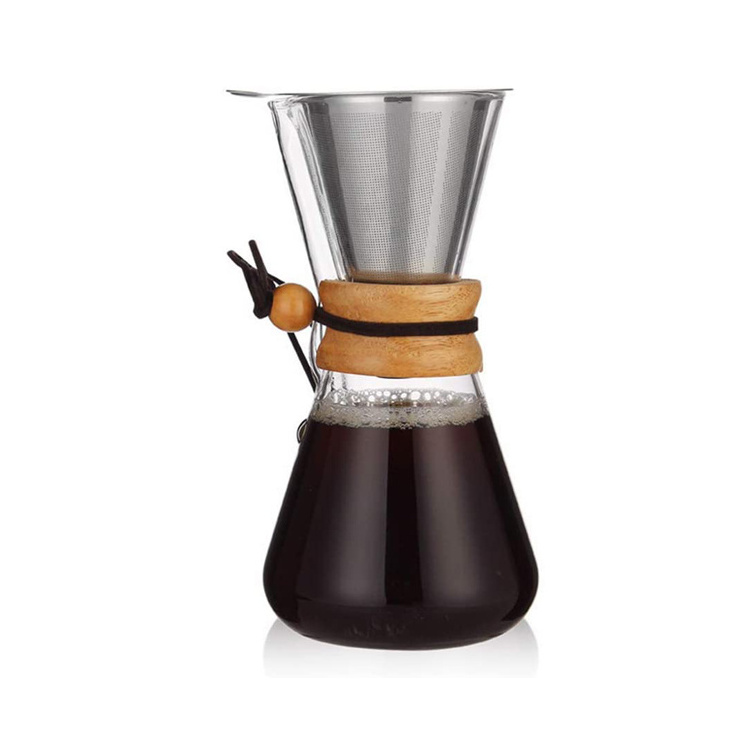 Unique Design Classic Borosilicate Glass Coffee Pot Pour Over Glass Coffee Maker with Wooden Collar and Metal Filter