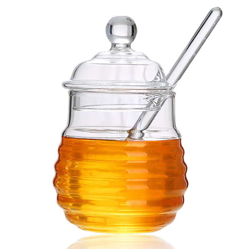 Glass Clear Honey Jar with Dipper and Glass Lid Beehive Honey Pot for Store Honey and Jamhoney Pot and Dipper Set