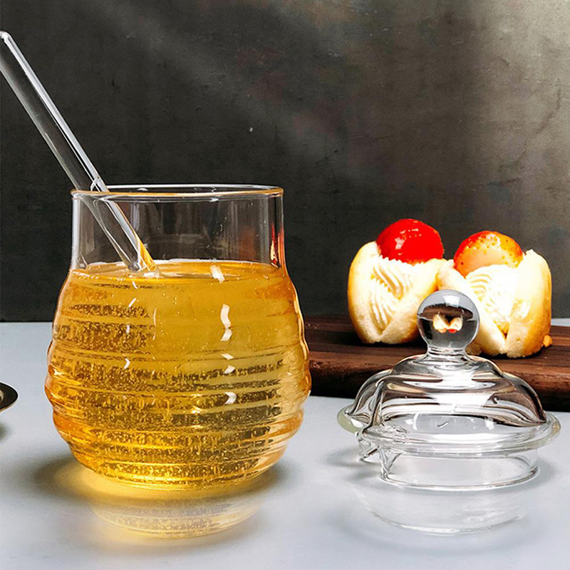 Glass Clear Honey Jar with Dipper and Glass Lid Beehive Honey Pot for Store Honey and Jamhoney Pot and Dipper Set