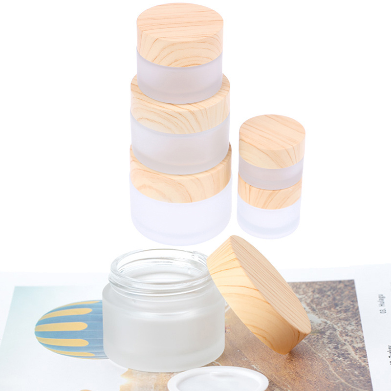 Reihey Portable Empty Glass Cosmetic Cream Jar Pot Refillable Travel Makeup Container with Inner Lid and Wooden Lid