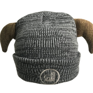 Cute Kids Hemp Grey Knitted Bull Horn Hat Marled Yarn Viking Horn Hat