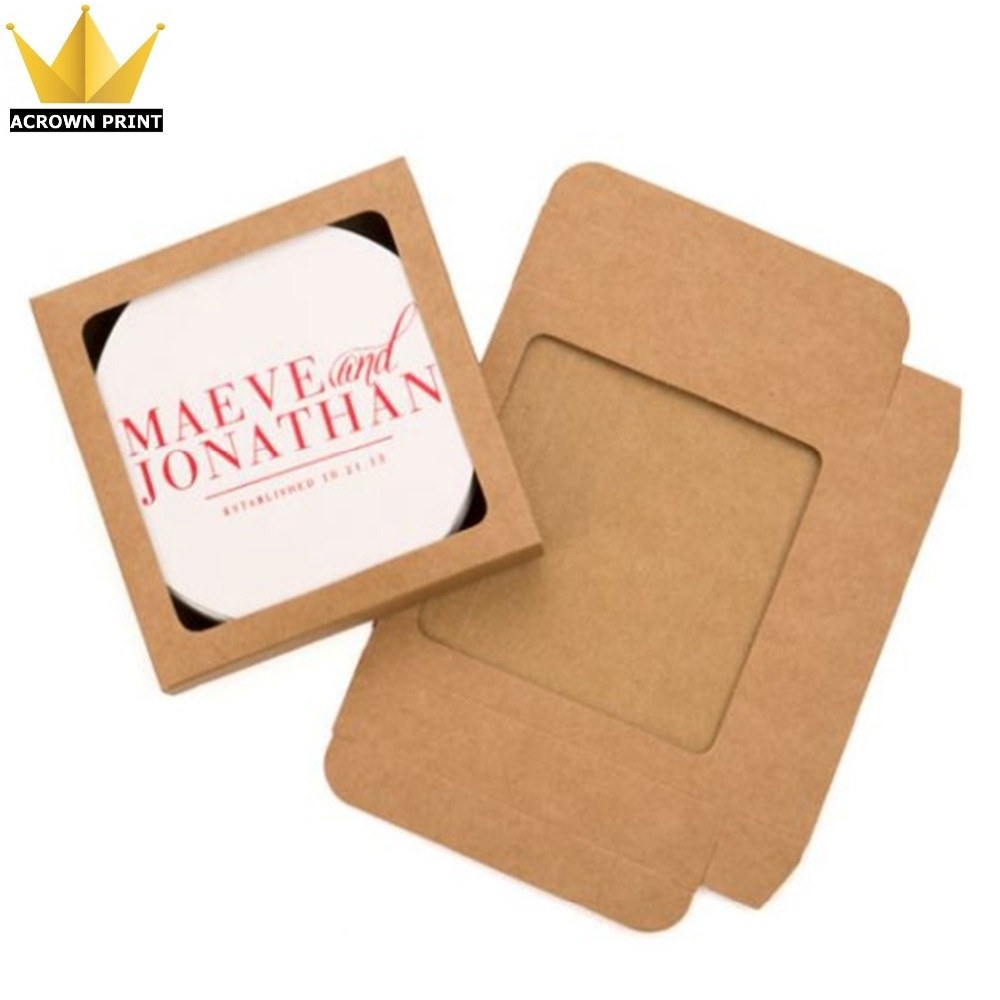 custom print Personalised brown kraft folding paper 4x4x2 window coaster Gift Box with custom logo