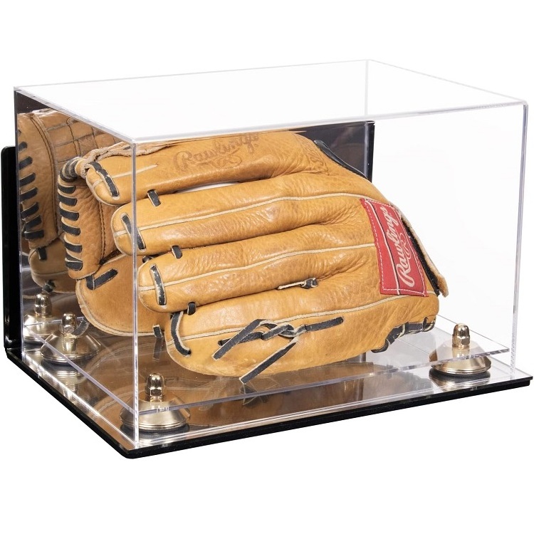 Acrylic Baseball Glove Display Case with Mirror Case Gold Risers Wall Mount and Mirror Base