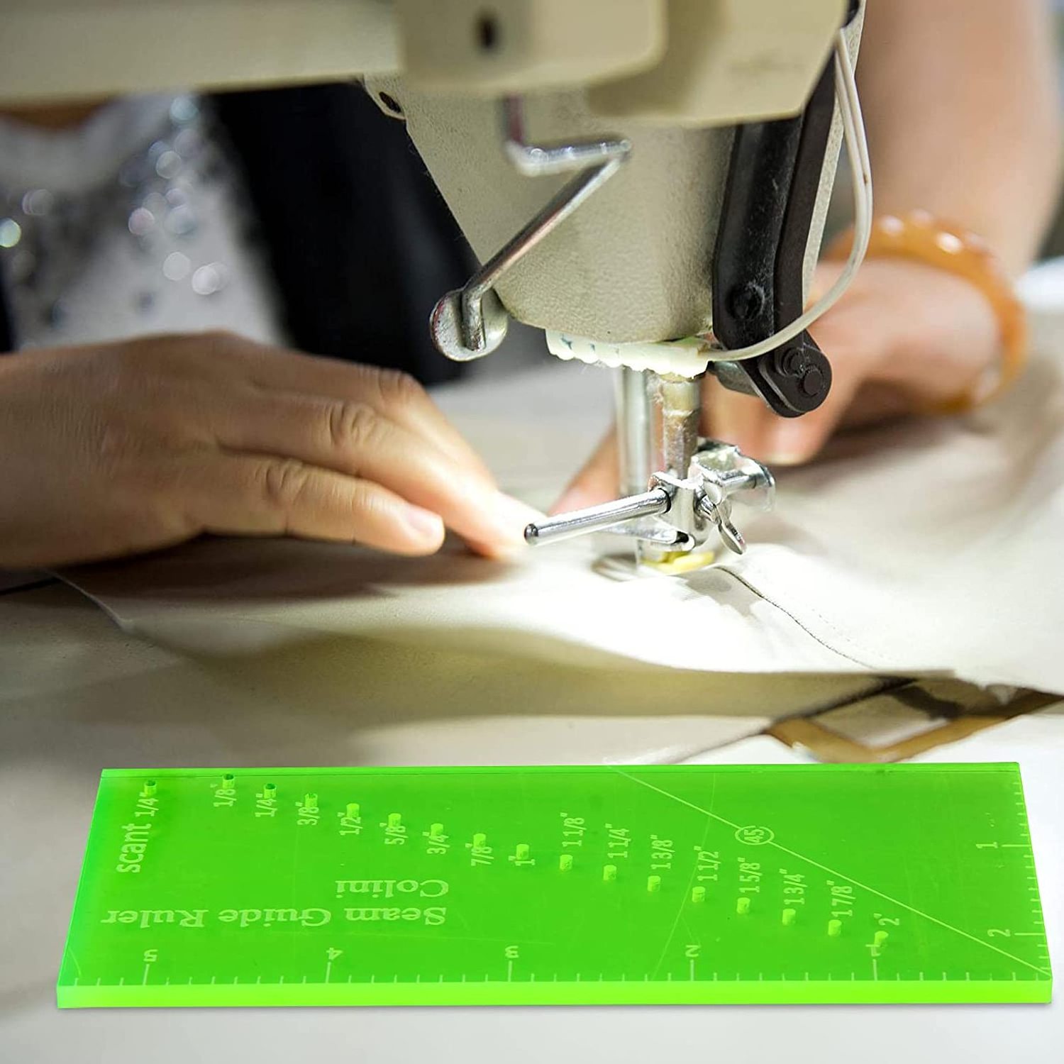 Sew Seam Allowance Ruler for Sewing Machine, Perforated Seam Gauge Seam Measuring Tool with 45 degreenTrim Line