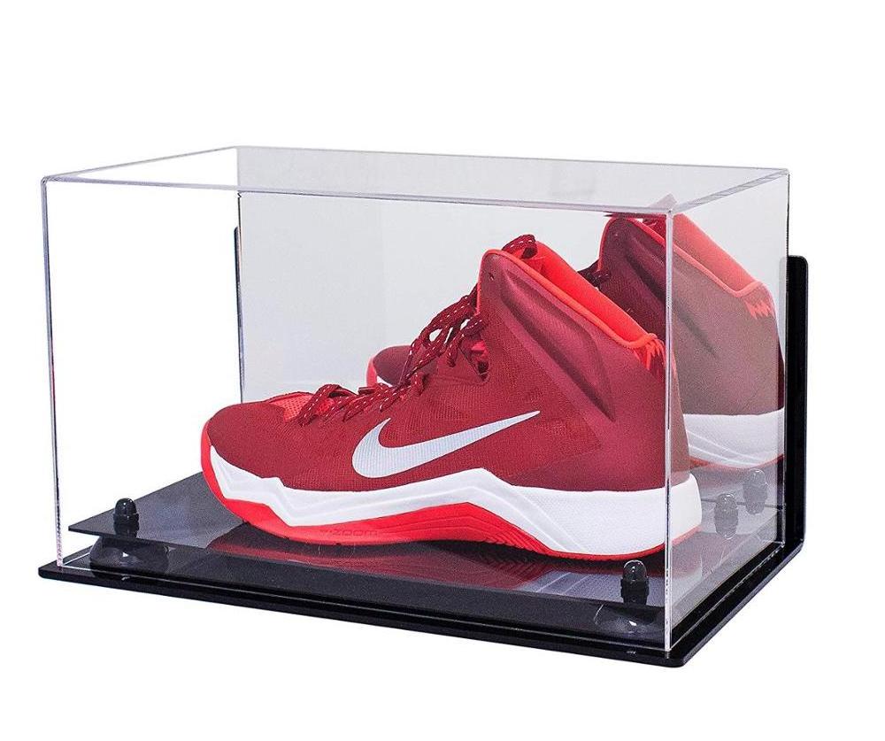 Deluxe Acrylic Large Shoe Display Case for Basketball Shoe Soccer Cleat Football Cleat with Black Risers Mirror and Wall Mount