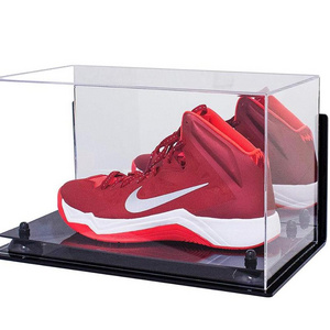 Deluxe Acrylic Large Shoe Display Case for Basketball Shoe Soccer Cleat Football Cleat with Black Risers Mirror and Wall Mount