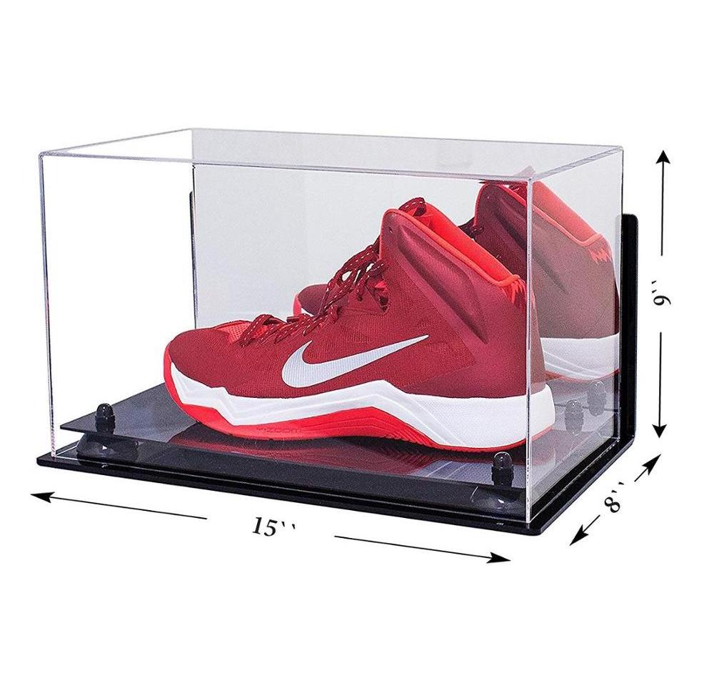 Deluxe Acrylic Large Shoe Display Case for Basketball Shoe Soccer Cleat Football Cleat with Black Risers Mirror and Wall Mount