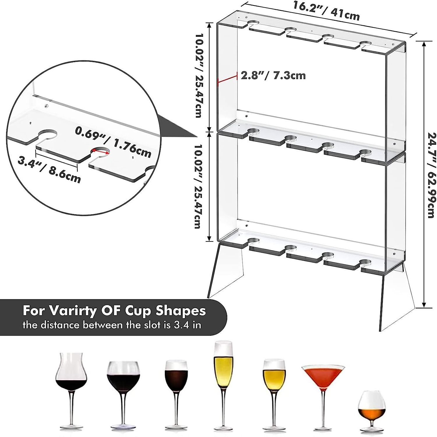 3-layer acrylic champagne glass display holder for 12 glassware wall mounted tall glass hanging