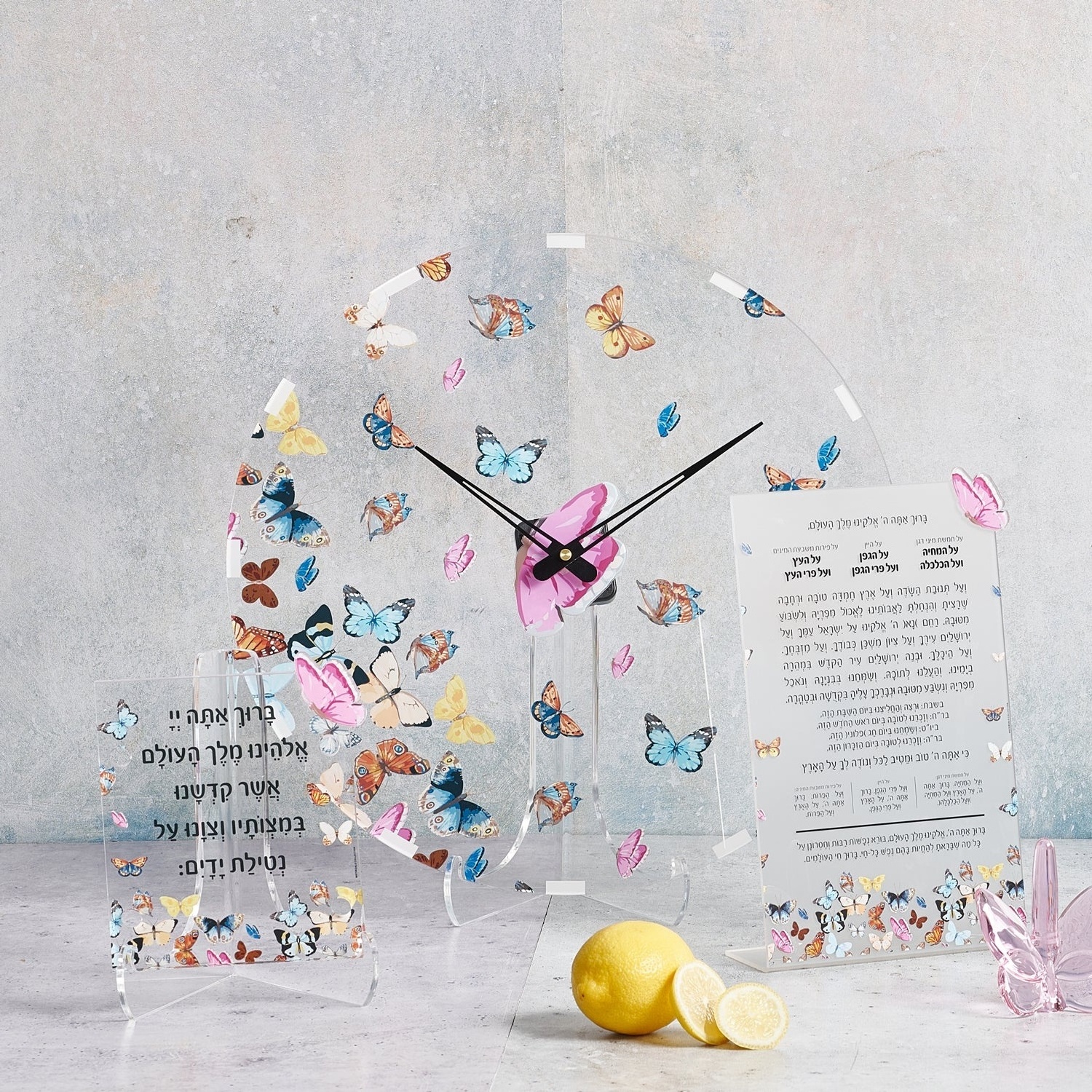 Lucite judaica Butterfly Clock Factory Custom Acrylic jewish Wall Clock line number clock Waterdale Collection Unassembled