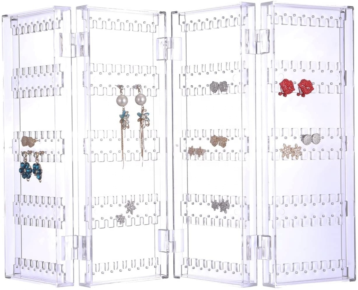 256 Holes 5 Tiers Acrylic Earrings Holder 4 Doors Foldable Necklace Hanging Jewelry Organizer Double Sided Stand Display