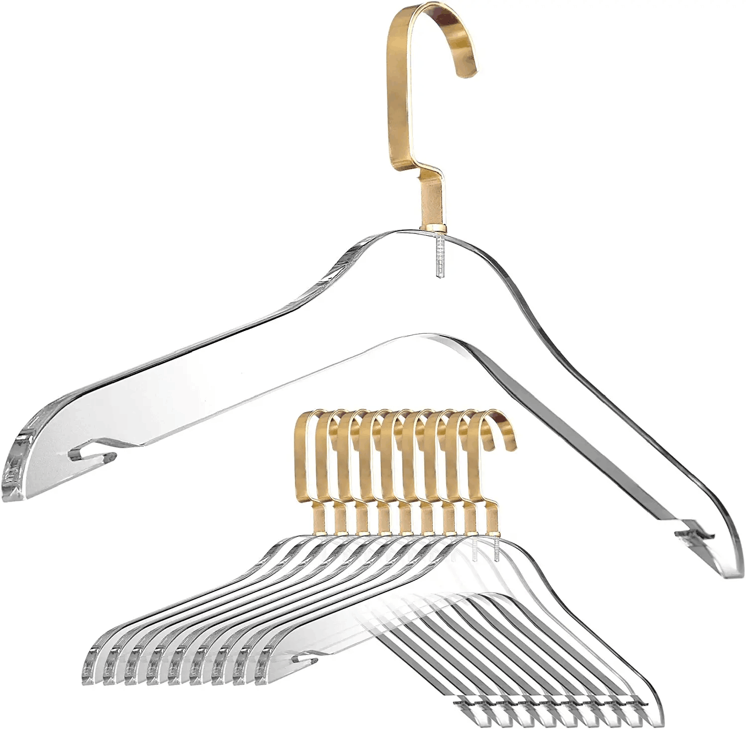 Transparent acrylic clothes hanger-fashion heavy wardrobe storage rack with gold chrome plated steel hook shirt and dres