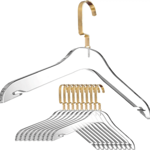 Transparent acrylic clothes hanger-fashion heavy wardrobe storage rack with gold chrome plated steel hook shirt and dres