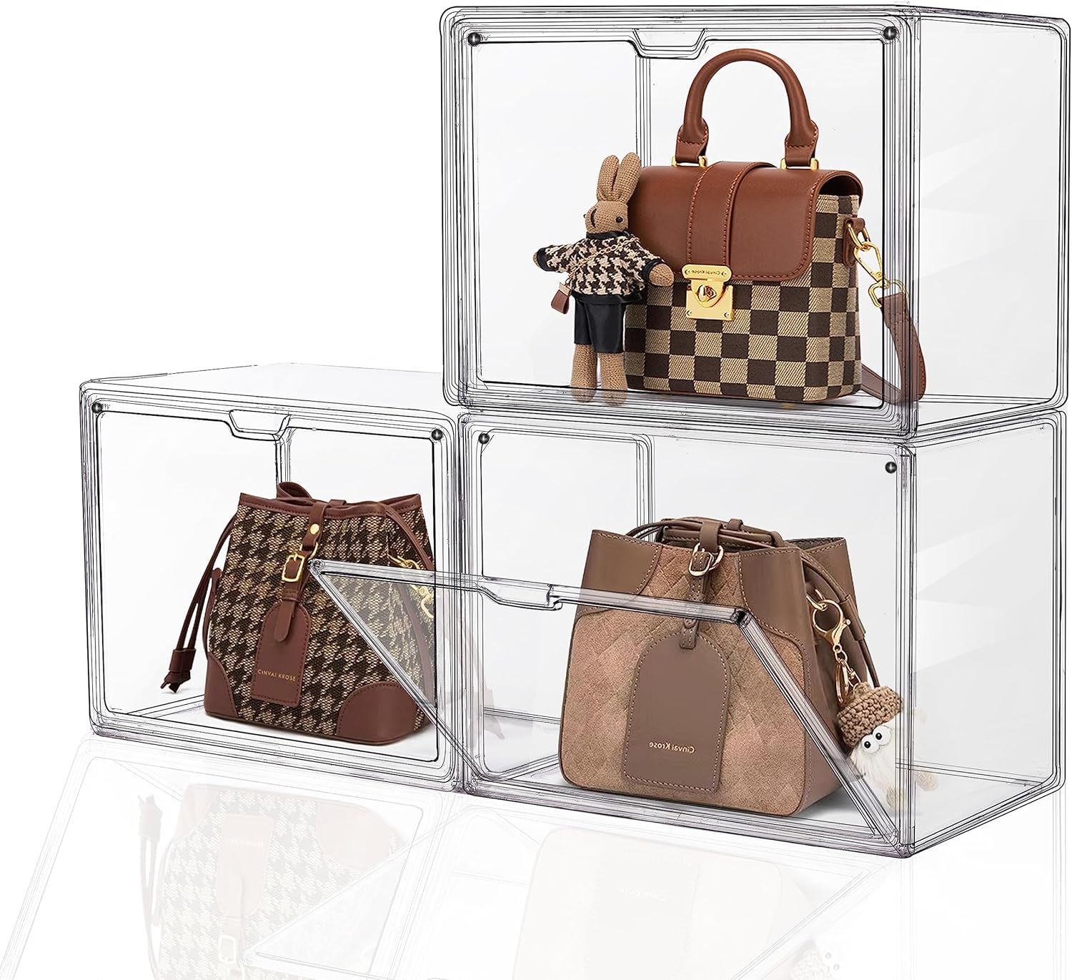 Custom 3 Packs Acrylic Transparent  Handbag Purse Shoes Book Figure Toy Display Case, Storage Bins for Cosmetic