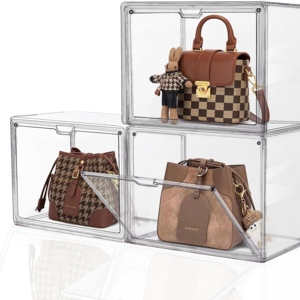 Custom 3 Packs Acrylic Transparent  Handbag Purse Shoes Book Figure Toy Display Case, Storage Bins for Cosmetic