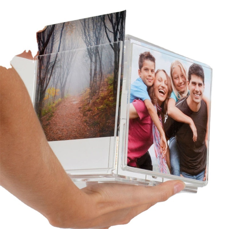 Wholesale 4 Sided Rotating Photo Cube 5x5 4x4 Acrylic Frame Lucite Perspex Plexiglass Magnet Block Picture Frame Pen Holder