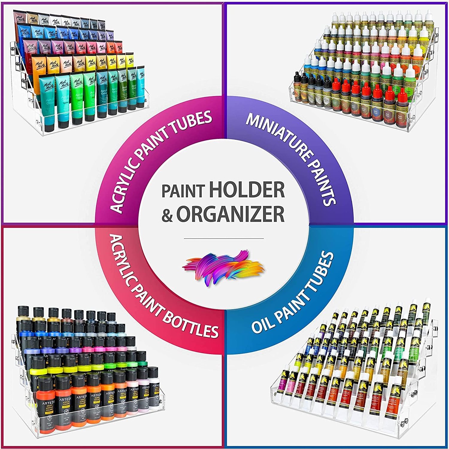 Custom Acrylic Craft & Hobby Paint Storage Organizer & Paint Brush Holder Acrylic Paint Rack for Paint Bottles/Tubes